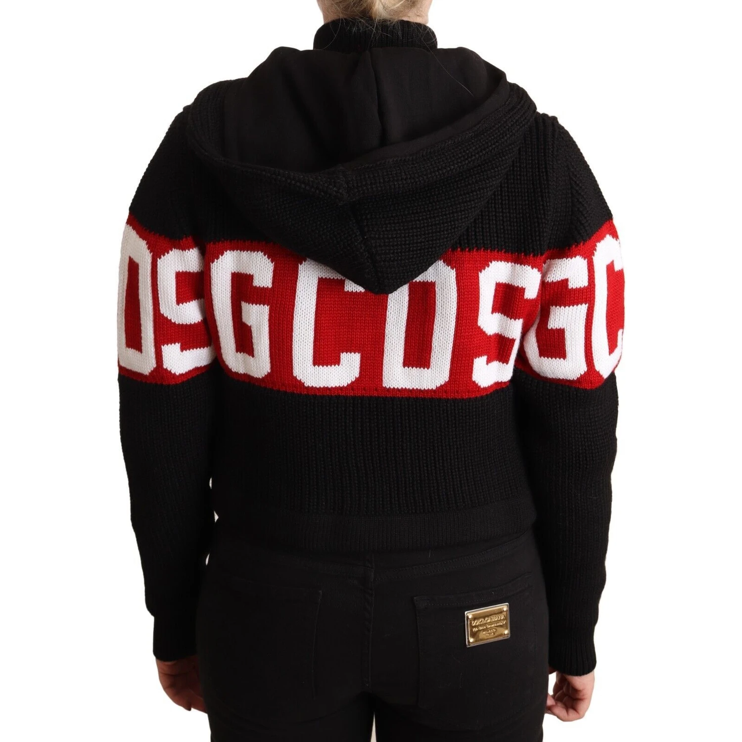 Black Cashmere Hooded Button Down Logo Cardigan Jacket