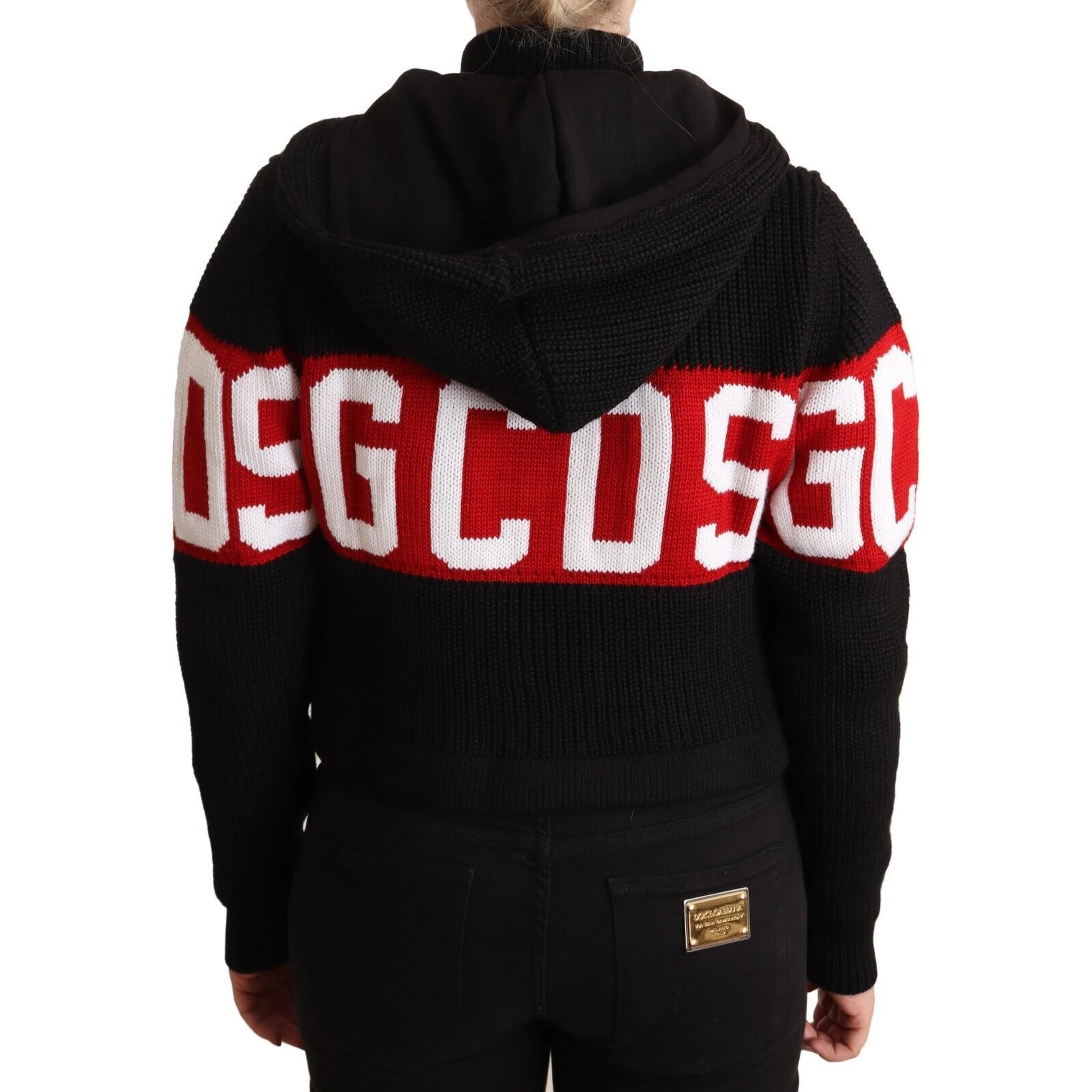 Black Cashmere Hooded Button Down Logo Cardigan Jacket