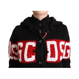 Black Cashmere Hooded Button Down Logo Cardigan Jacket