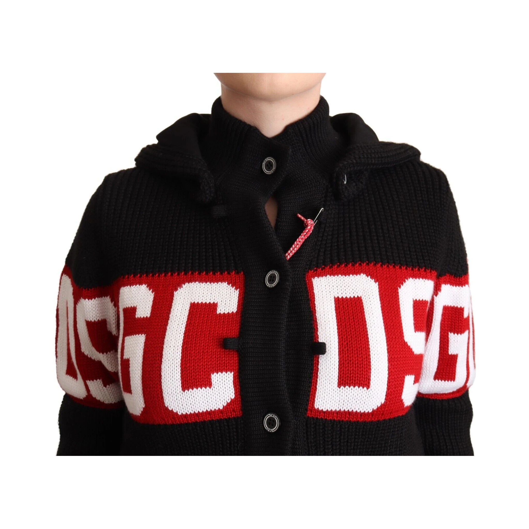 Black Cashmere Hooded Button Down Logo Cardigan Jacket