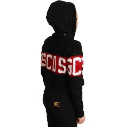 Black Cashmere Hooded Button Down Logo Cardigan Jacket