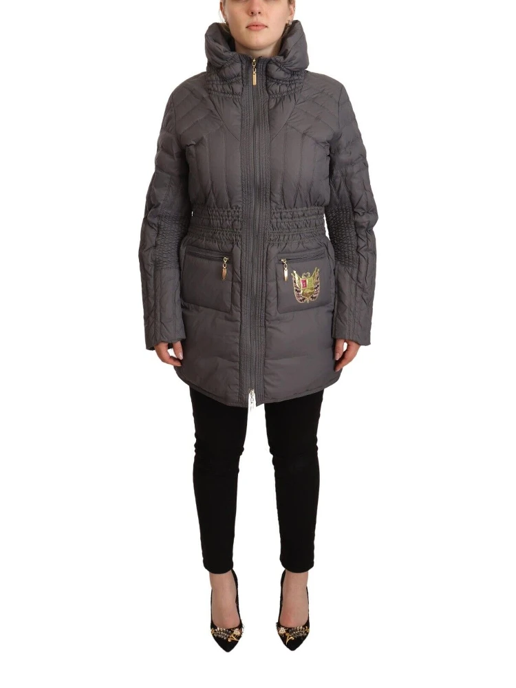 Gray Quilted Long Sleeves Logo Patch Full Zip Jacket