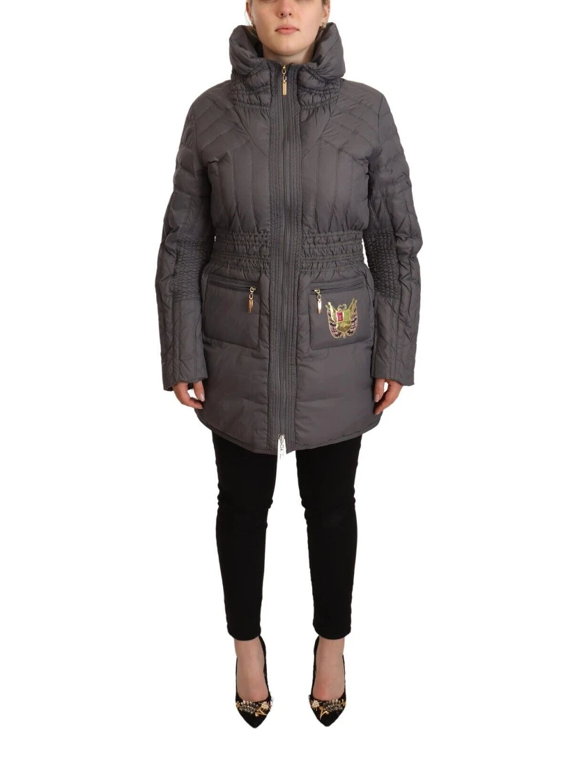 Gray Quilted Long Sleeves Logo Patch Full Zip Jacket