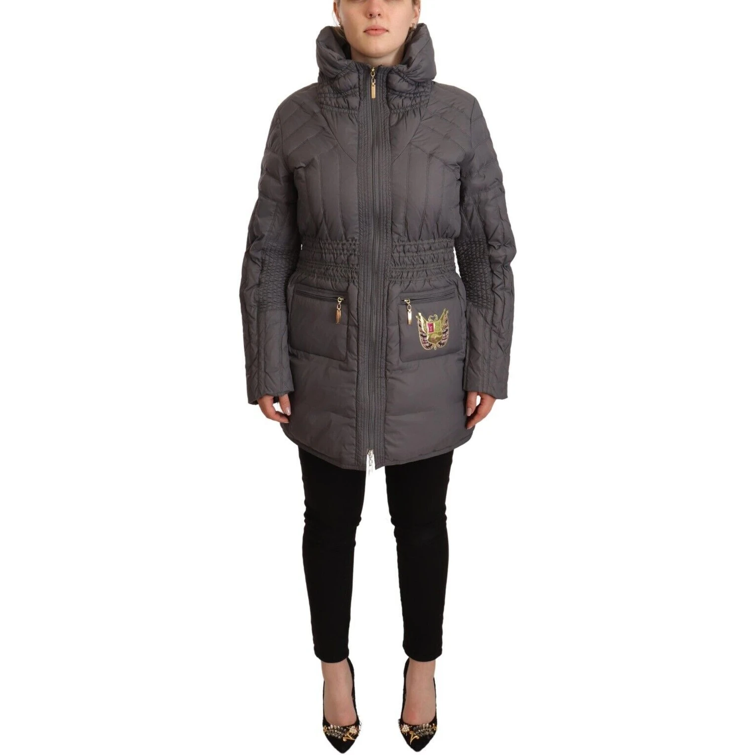 Gray Quilted Long Sleeves Logo Patch Full Zip Jacket