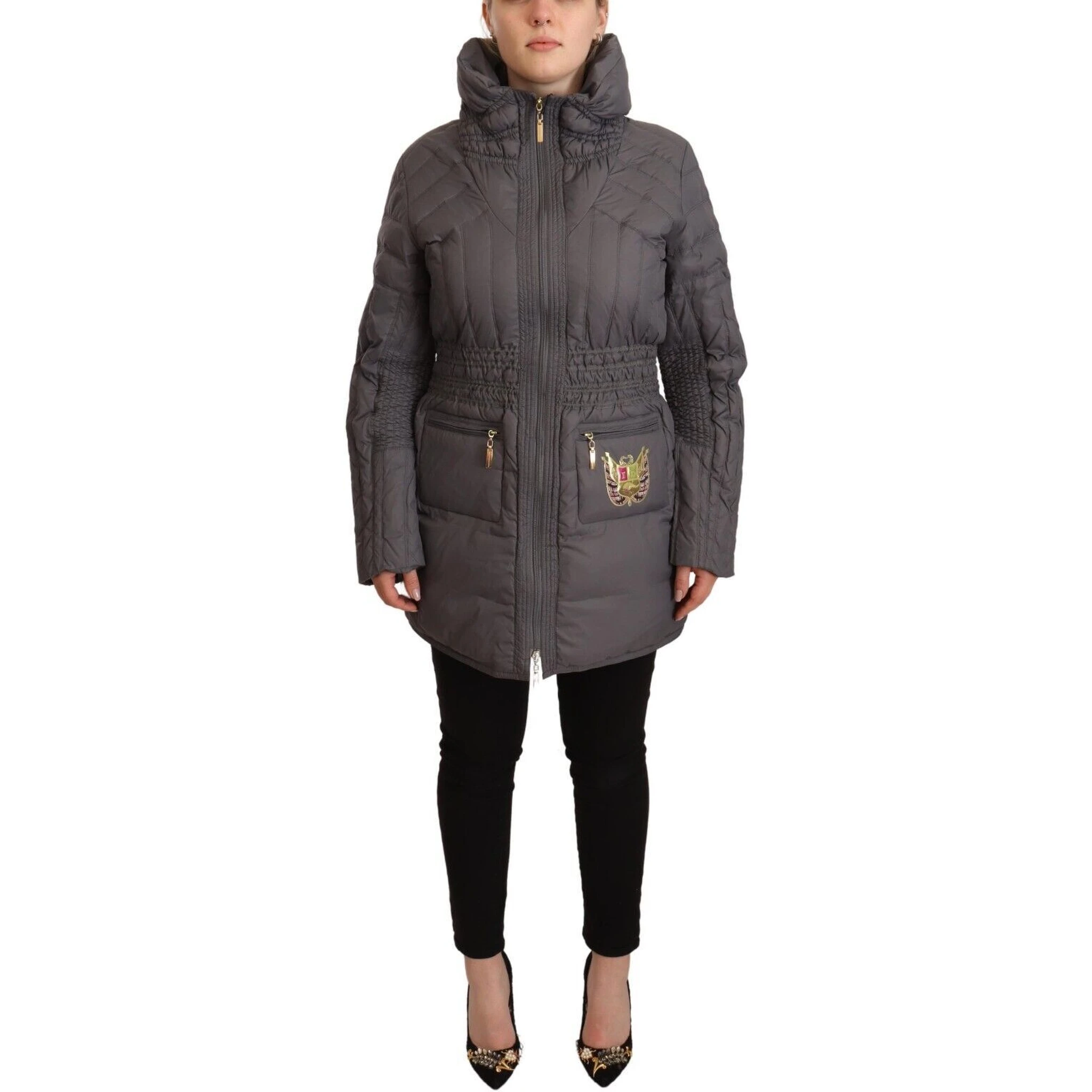 Gray Quilted Long Sleeves Logo Patch Full Zip Jacket