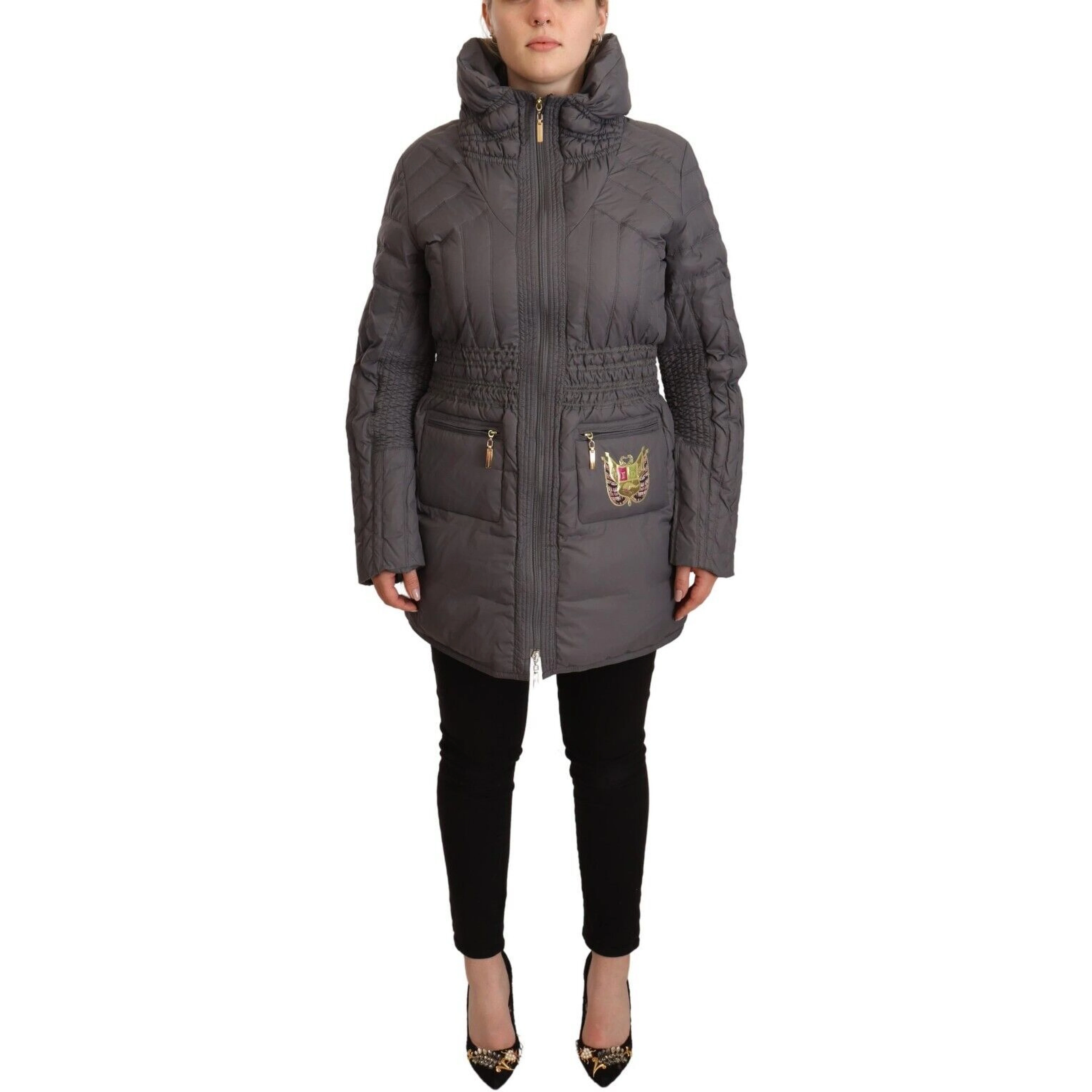 Gray Quilted Long Sleeves Logo Patch Full Zip Jacket