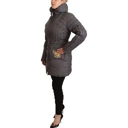 Gray Quilted Long Sleeves Logo Patch Full Zip Jacket