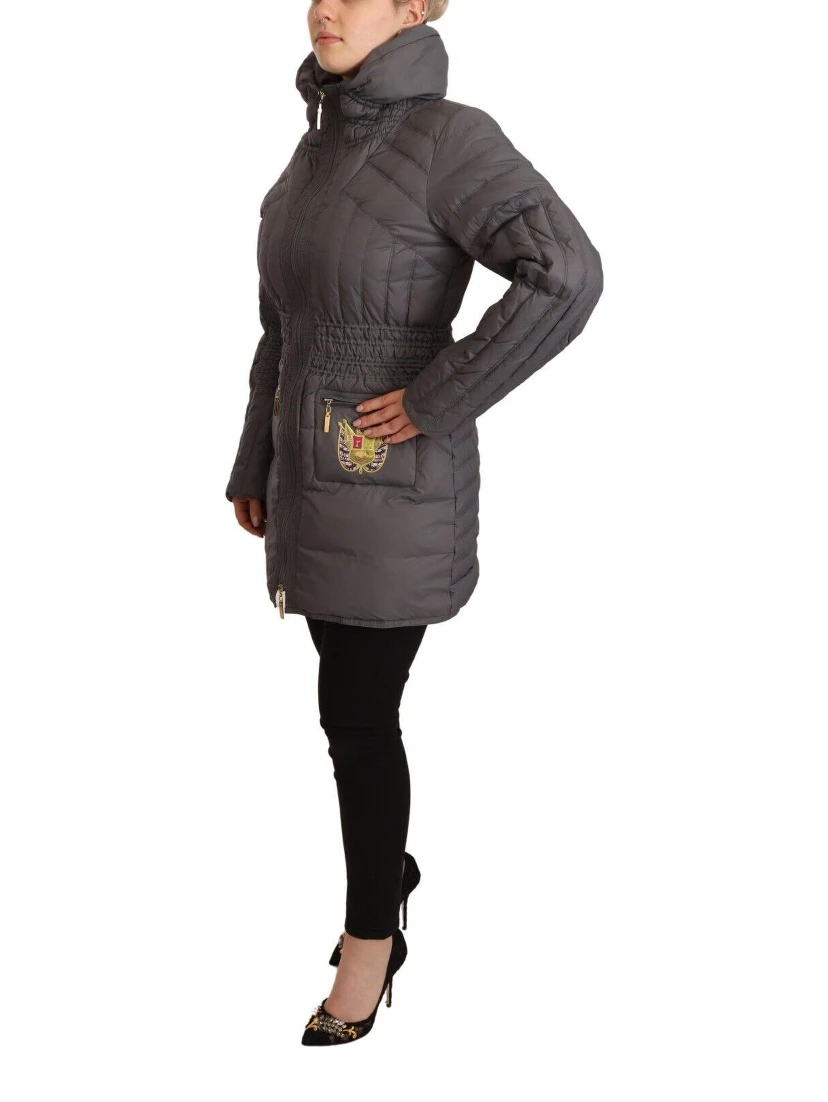 Gray Quilted Long Sleeves Logo Patch Full Zip Jacket