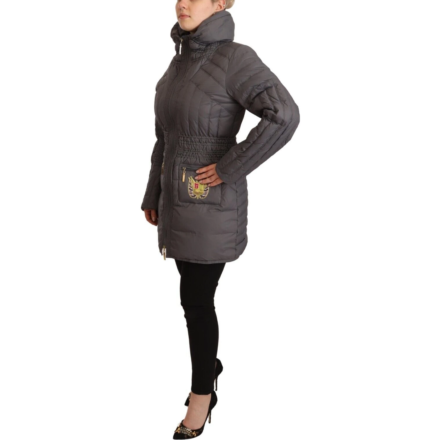 Gray Quilted Long Sleeves Logo Patch Full Zip Jacket