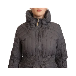 Gray Quilted Long Sleeves Logo Patch Full Zip Jacket