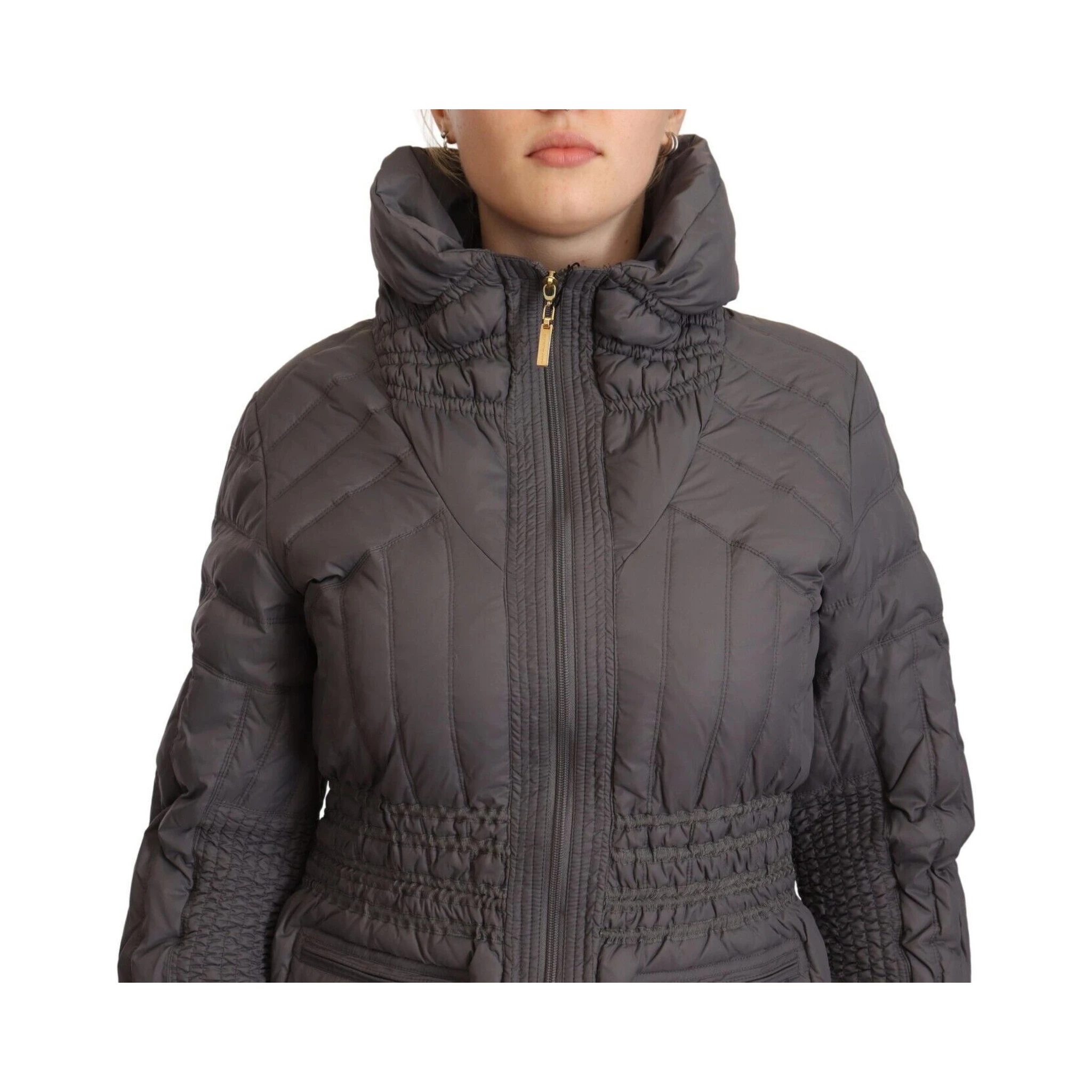 Gray Quilted Long Sleeves Logo Patch Full Zip Jacket