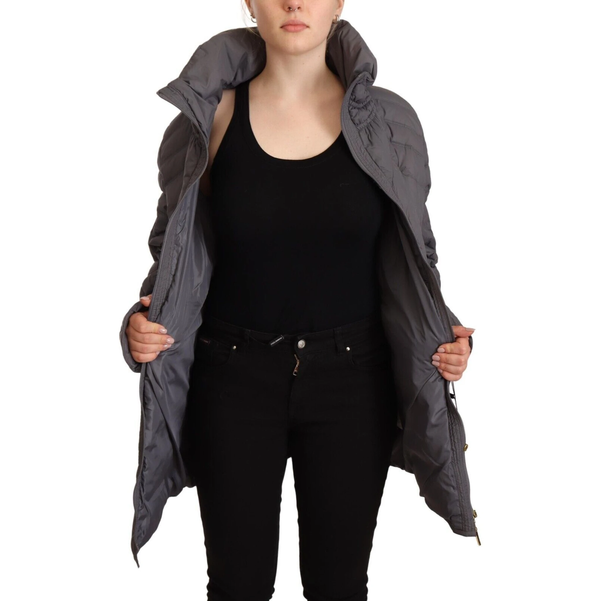 Gray Quilted Long Sleeves Logo Patch Full Zip Jacket