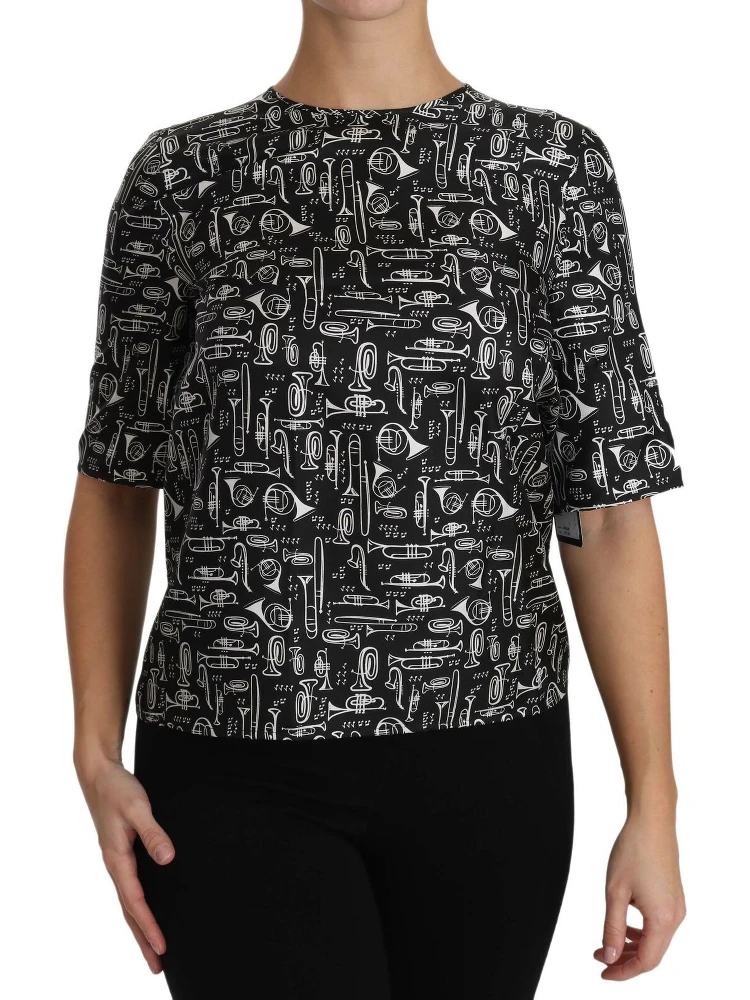Black Musical Instruments Print Silk Blouse