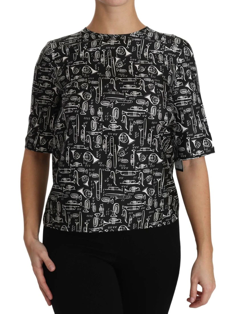 Black Musical Instruments Print Silk Blouse