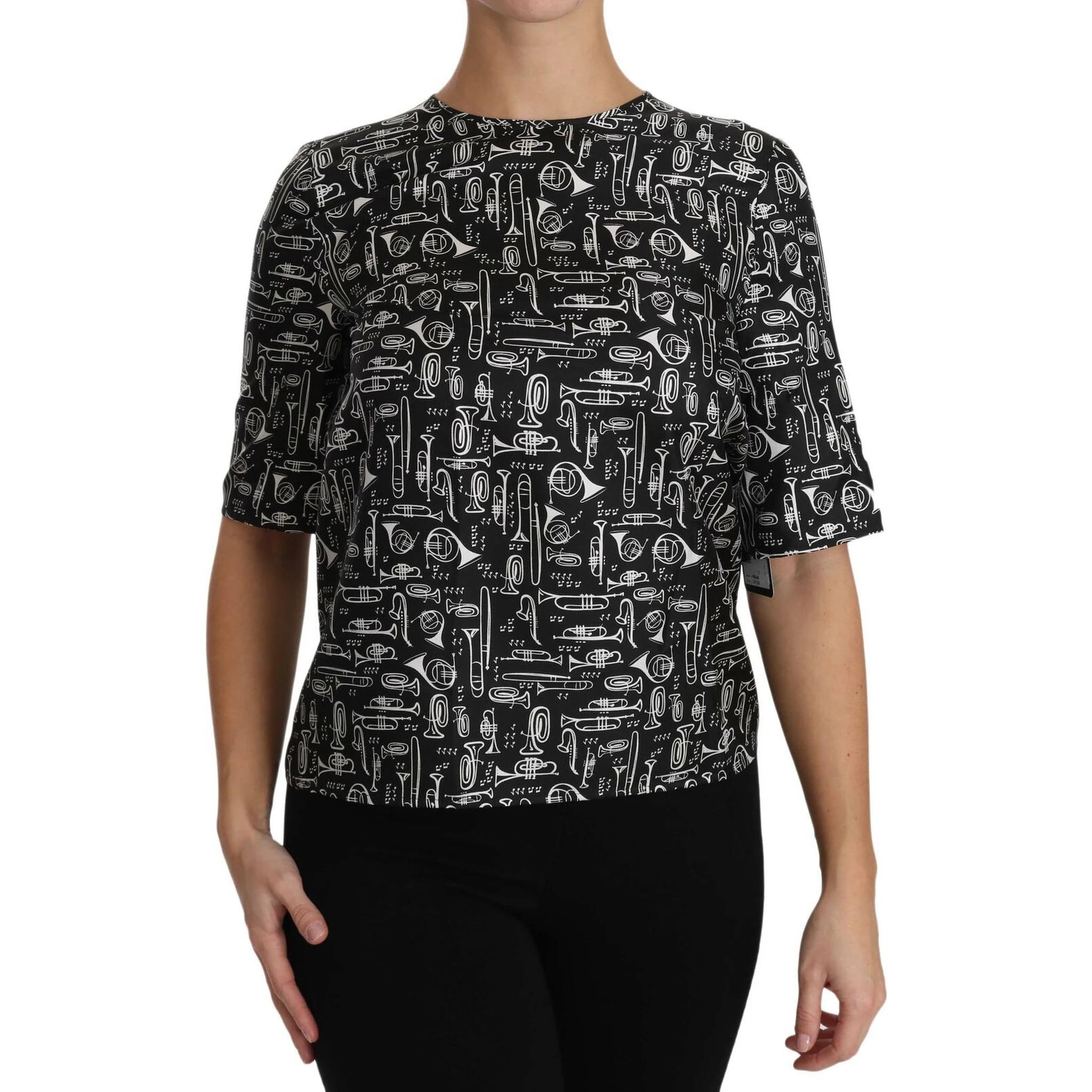 Black Musical Instruments Print Silk Blouse