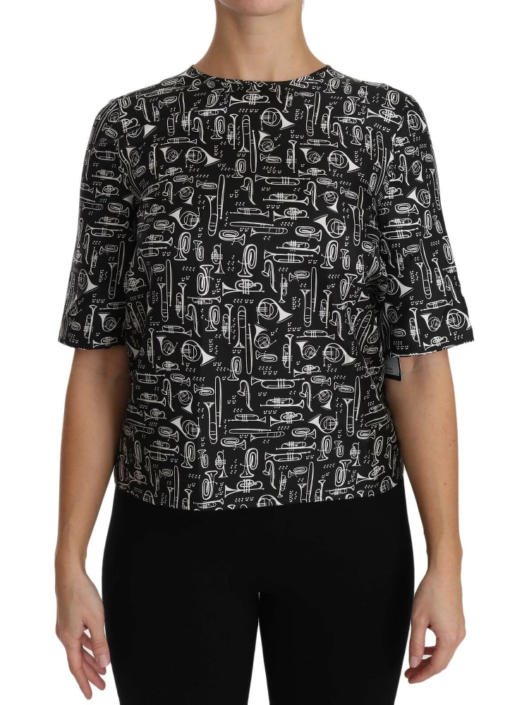 Black Musical Instruments Print Silk Blouse alternative