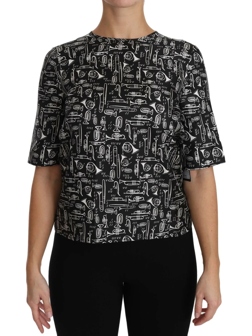 Black Musical Instruments Print Silk Blouse