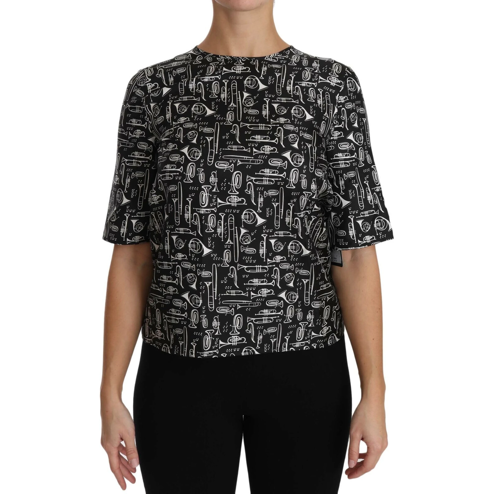 Black Musical Instruments Print Silk Blouse