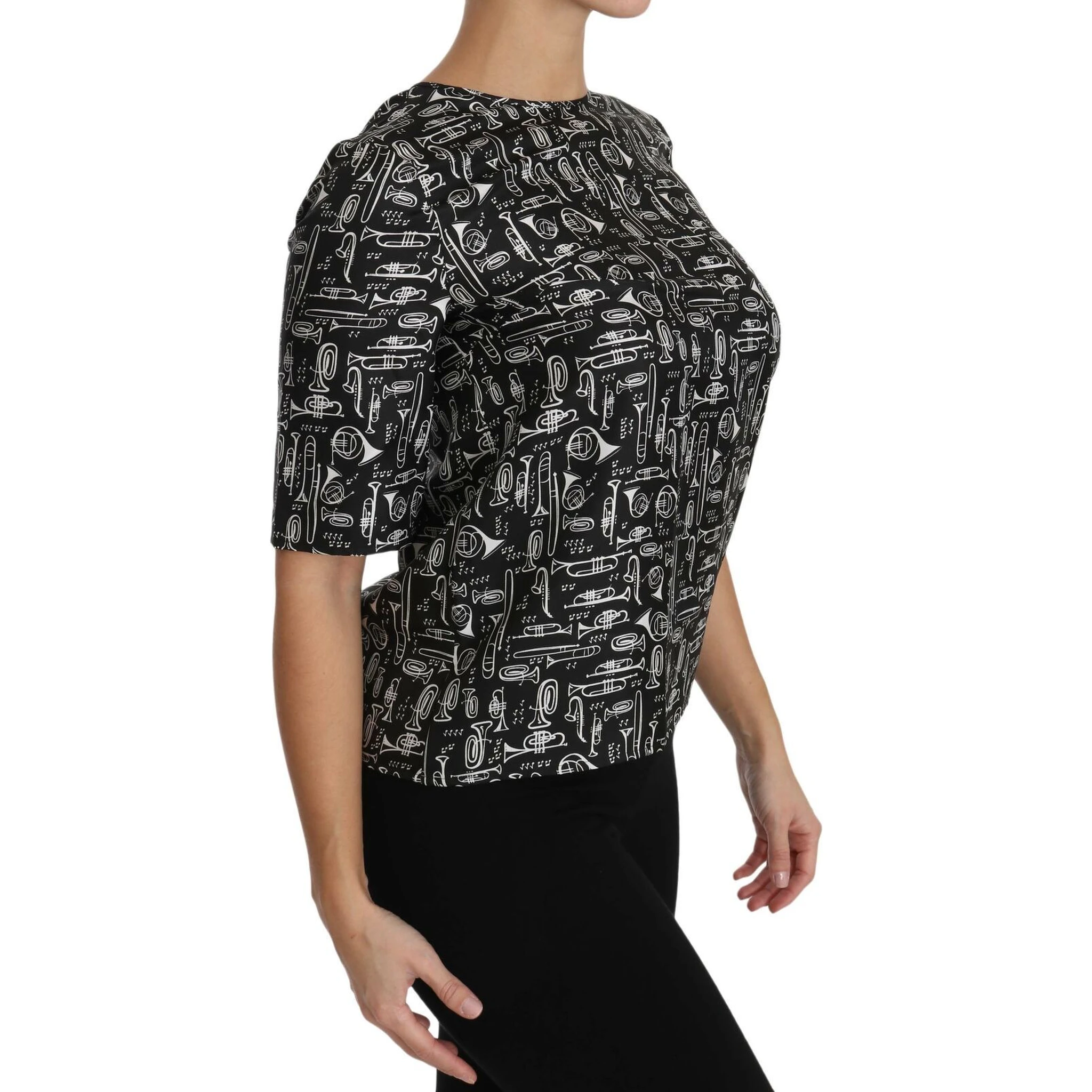 Black Musical Instruments Print Silk Blouse