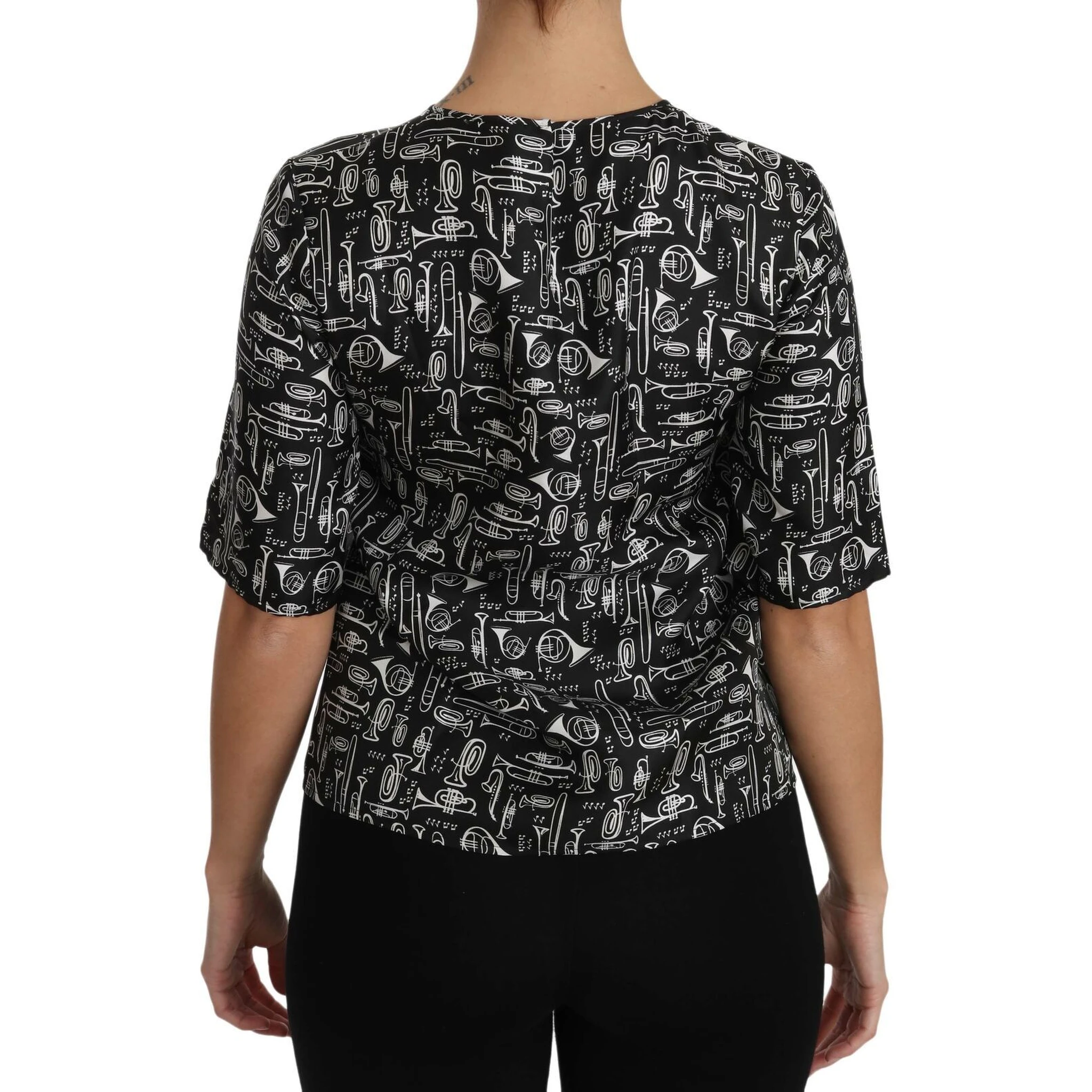 Black Musical Instruments Print Silk Blouse