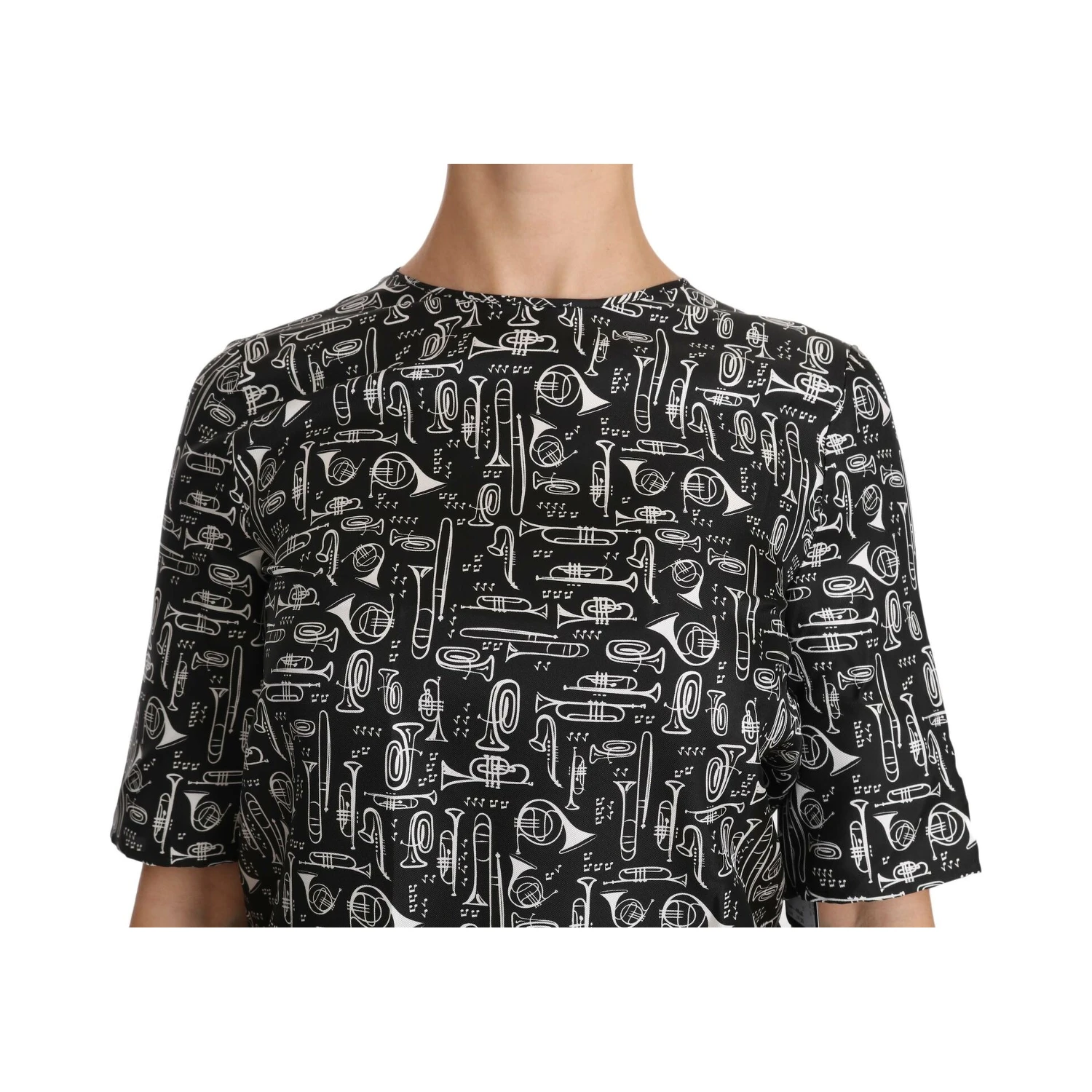 Black Musical Instruments Print Silk Blouse