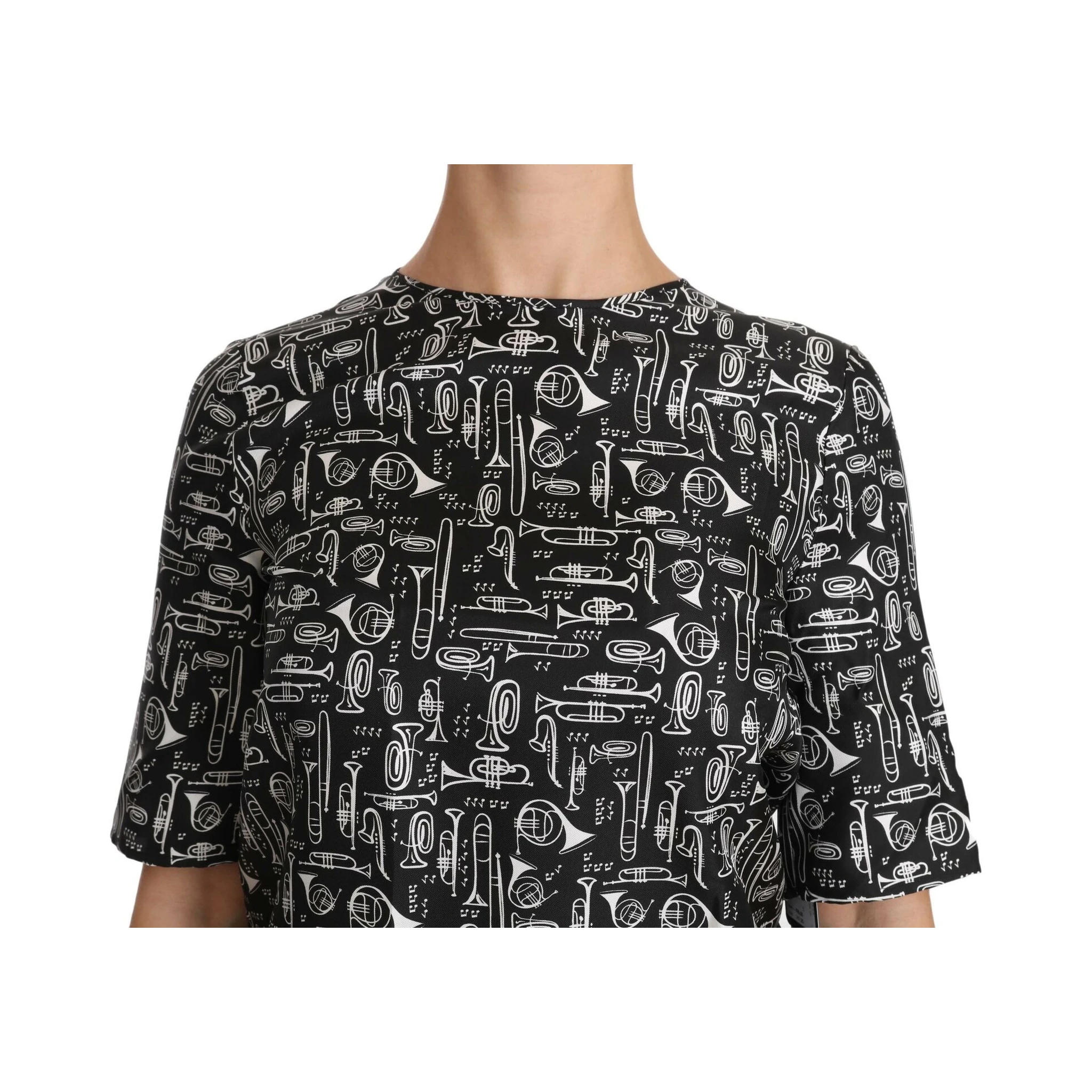 Black Musical Instruments Print Silk Blouse