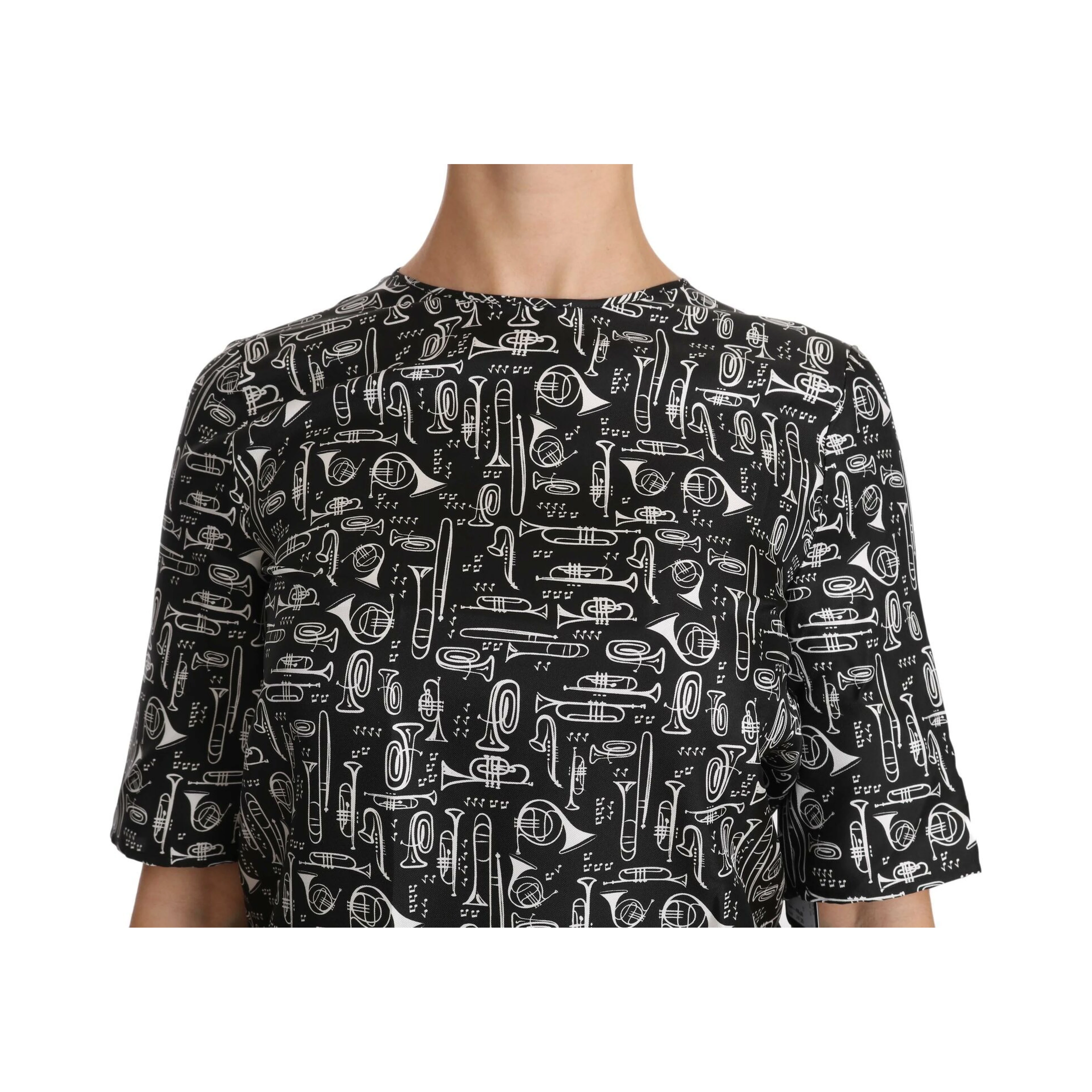 Black Musical Instruments Print Silk Blouse