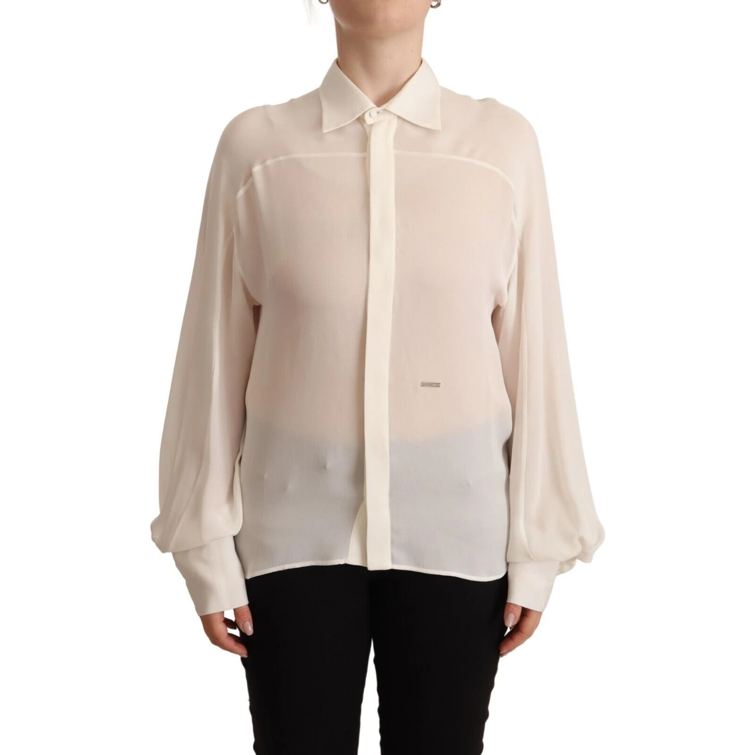 Off White Silk Long Sleeves Collared Blouse Top