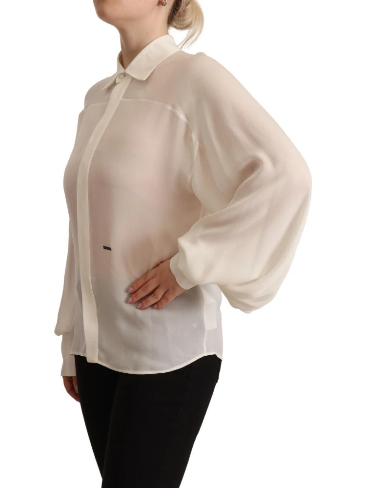 Off White Silk Long Sleeves Collared Blouse Top alternative