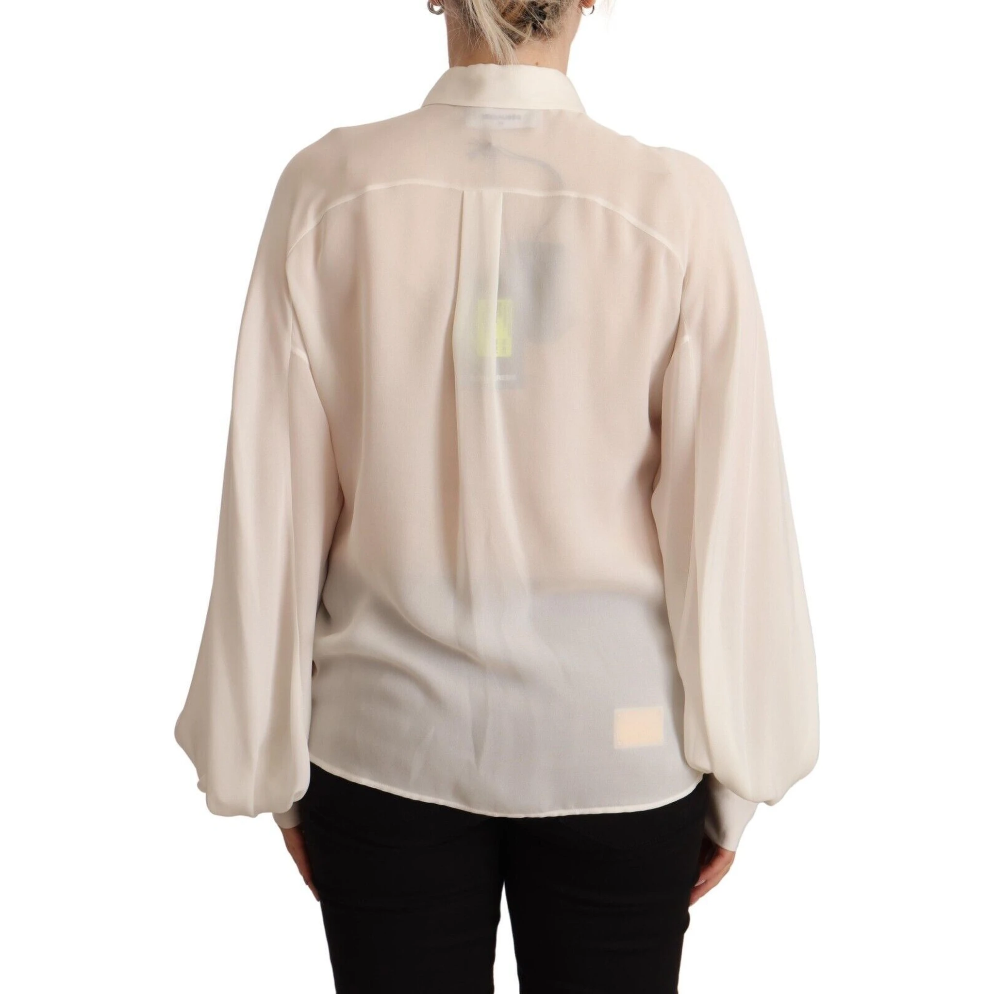 Off White Silk Long Sleeves Collared Blouse Top