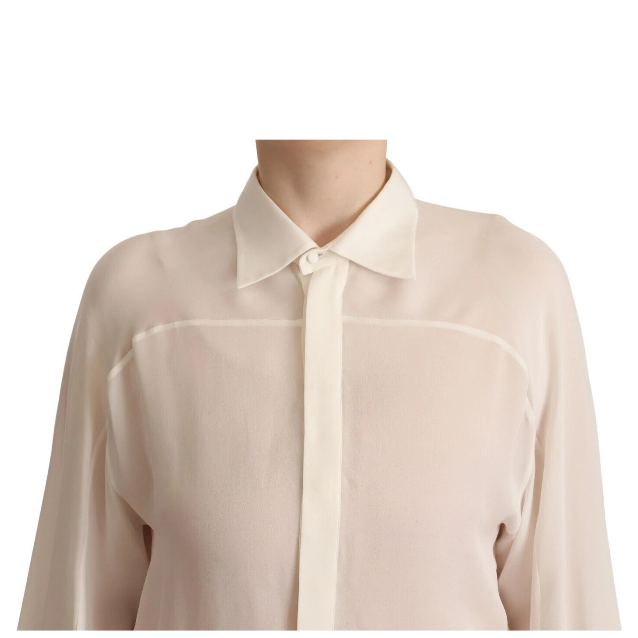Off White Silk Long Sleeves Collared Blouse Top