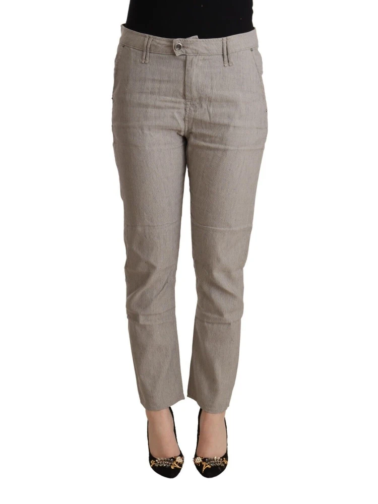 Light Gray Linen Blend Mid Waist Tapered Pants