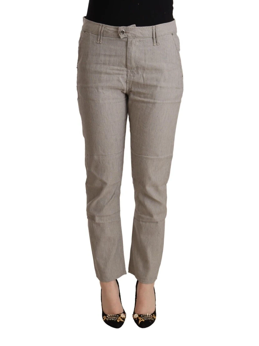 Light Gray Linen Blend Mid Waist Tapered Pants