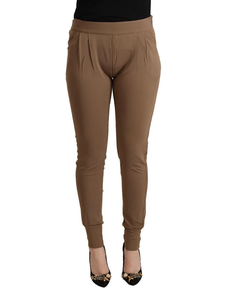 Brown Viscose Mid Waist Slim Tapered Pants