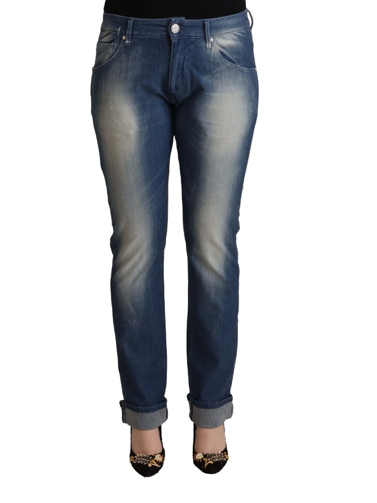 Blue Washed Mid Waist Folded Hem Skinny Jeans