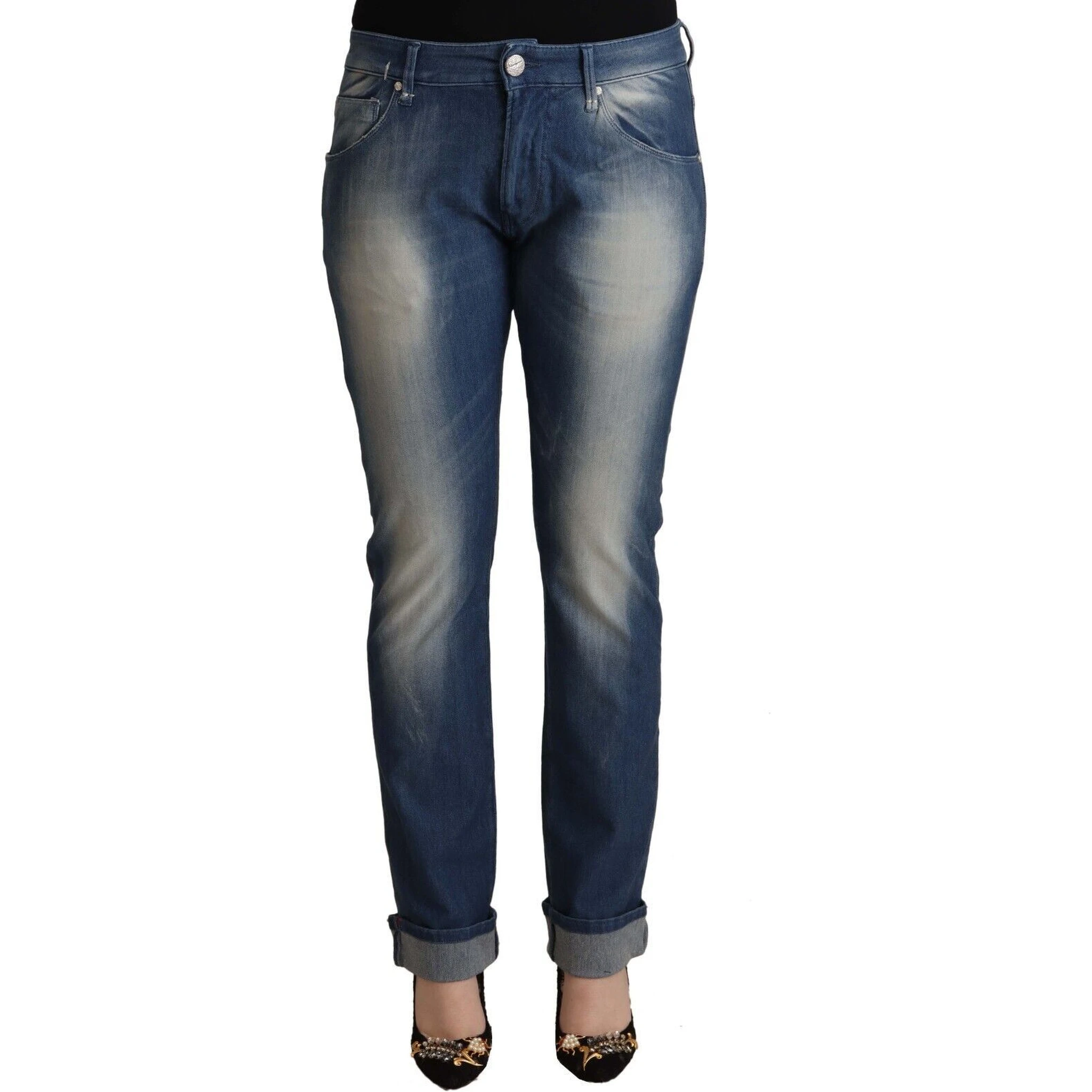 Blue Washed Mid Waist Folded Hem Skinny Jeans