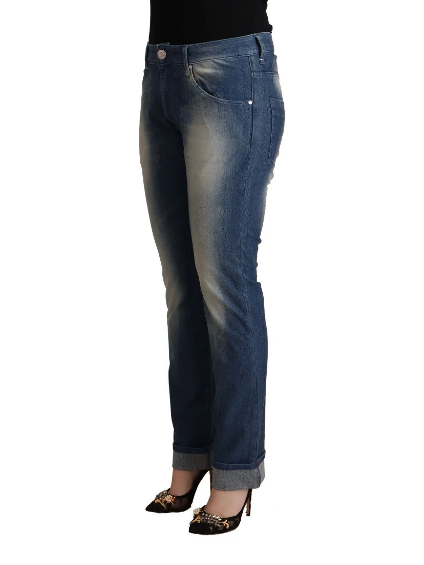 Blue Washed Mid Waist Folded Hem Skinny Jeans