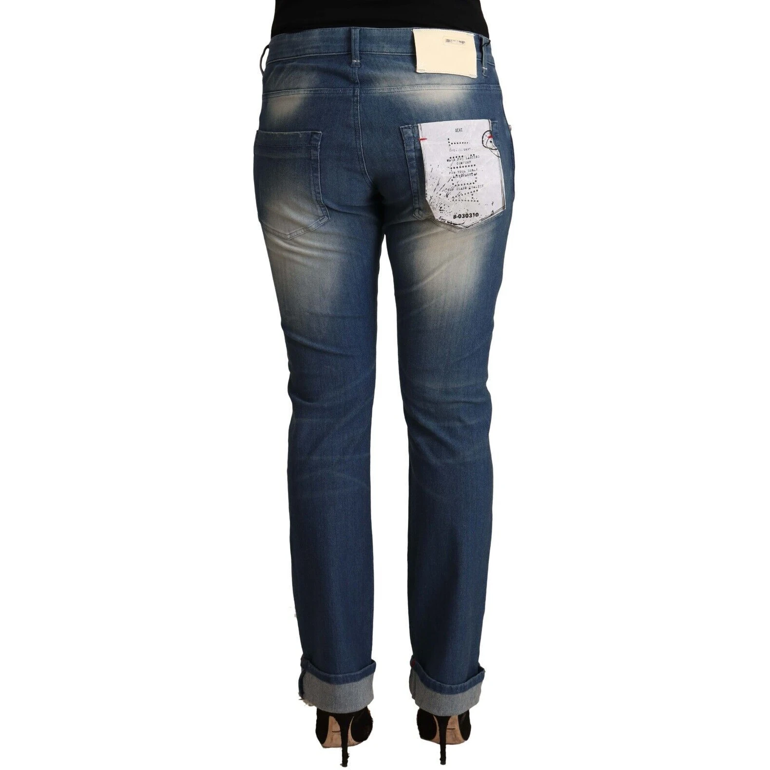 Blue Washed Mid Waist Folded Hem Skinny Jeans