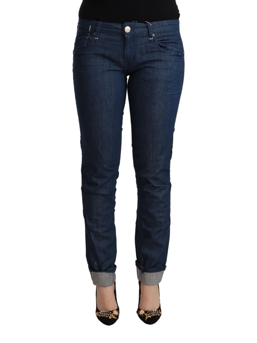 Blue Cotton Low Waist Skinny Denim Folded Hem Jeans