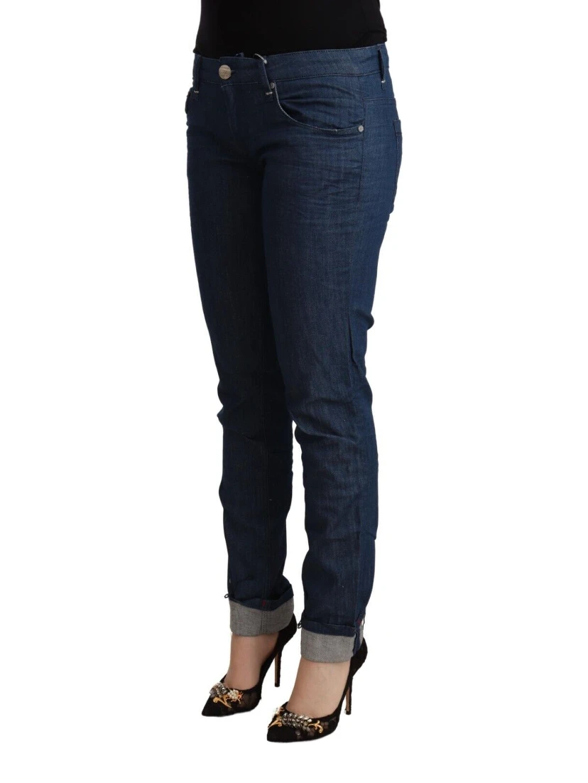 Blue Cotton Low Waist Skinny Denim Folded Hem Jeans
