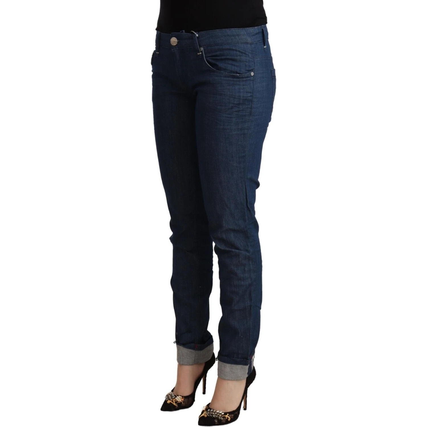 Blue Cotton Low Waist Skinny Denim Folded Hem Jeans