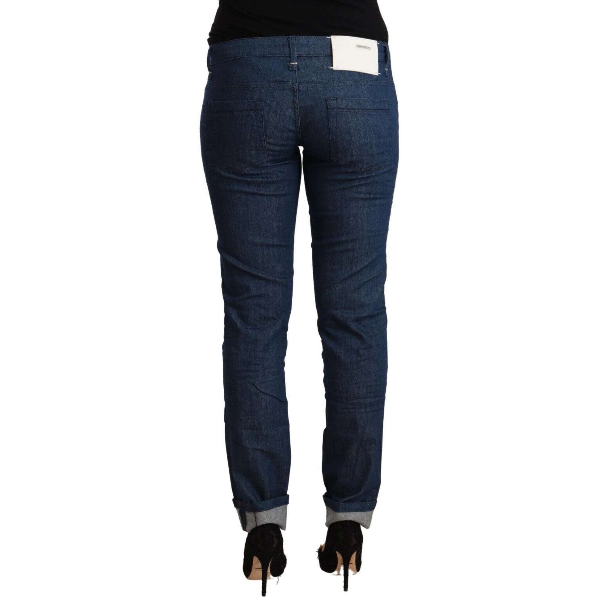 Blue Cotton Low Waist Skinny Denim Folded Hem Jeans