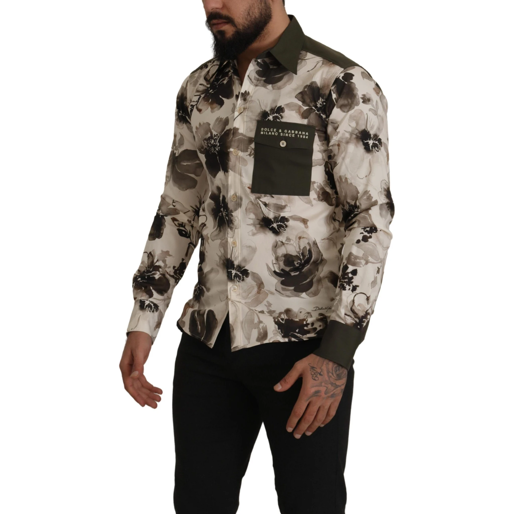 Green Beige Floral Cotton Stretch Exclusive Shirt