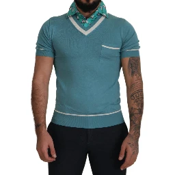 Blue Silk Polo Top Mens V-neck  T-shirt