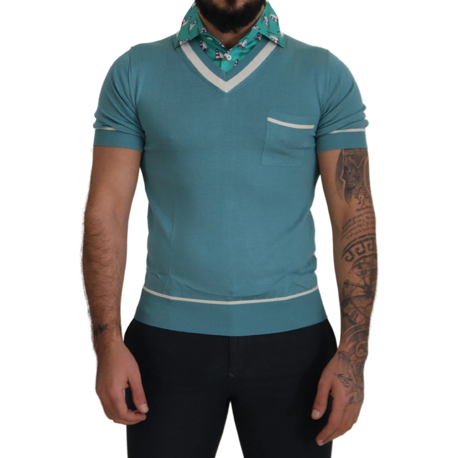 Blue Silk Polo Top Mens V-neck  T-shirt