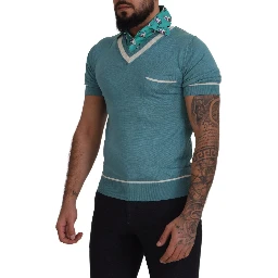 Blue Silk Polo Top Mens V-neck  T-shirt