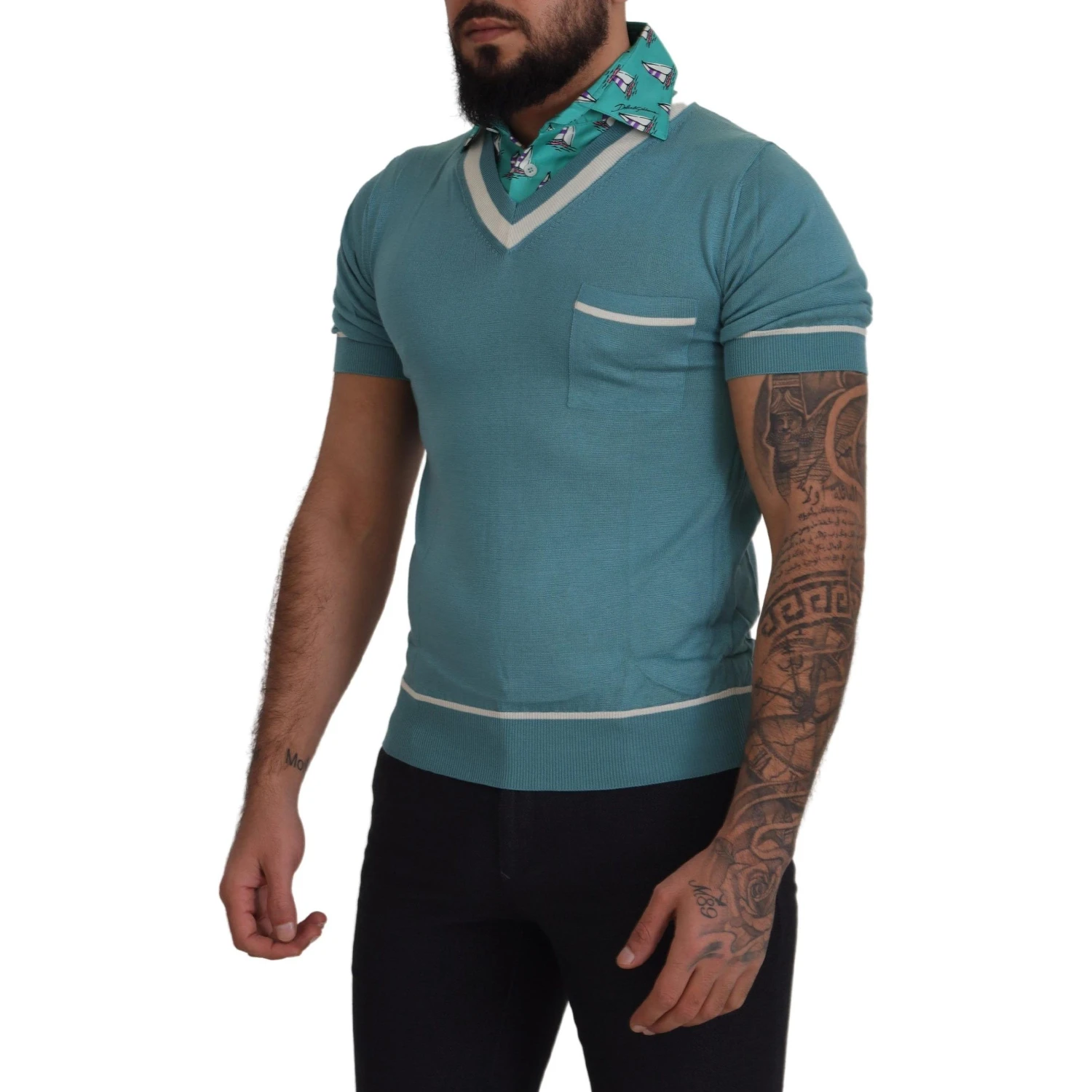 Blue Silk Polo Top Mens V-neck  T-shirt