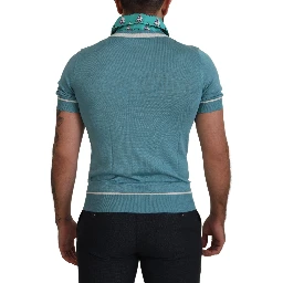 Blue Silk Polo Top Mens V-neck  T-shirt