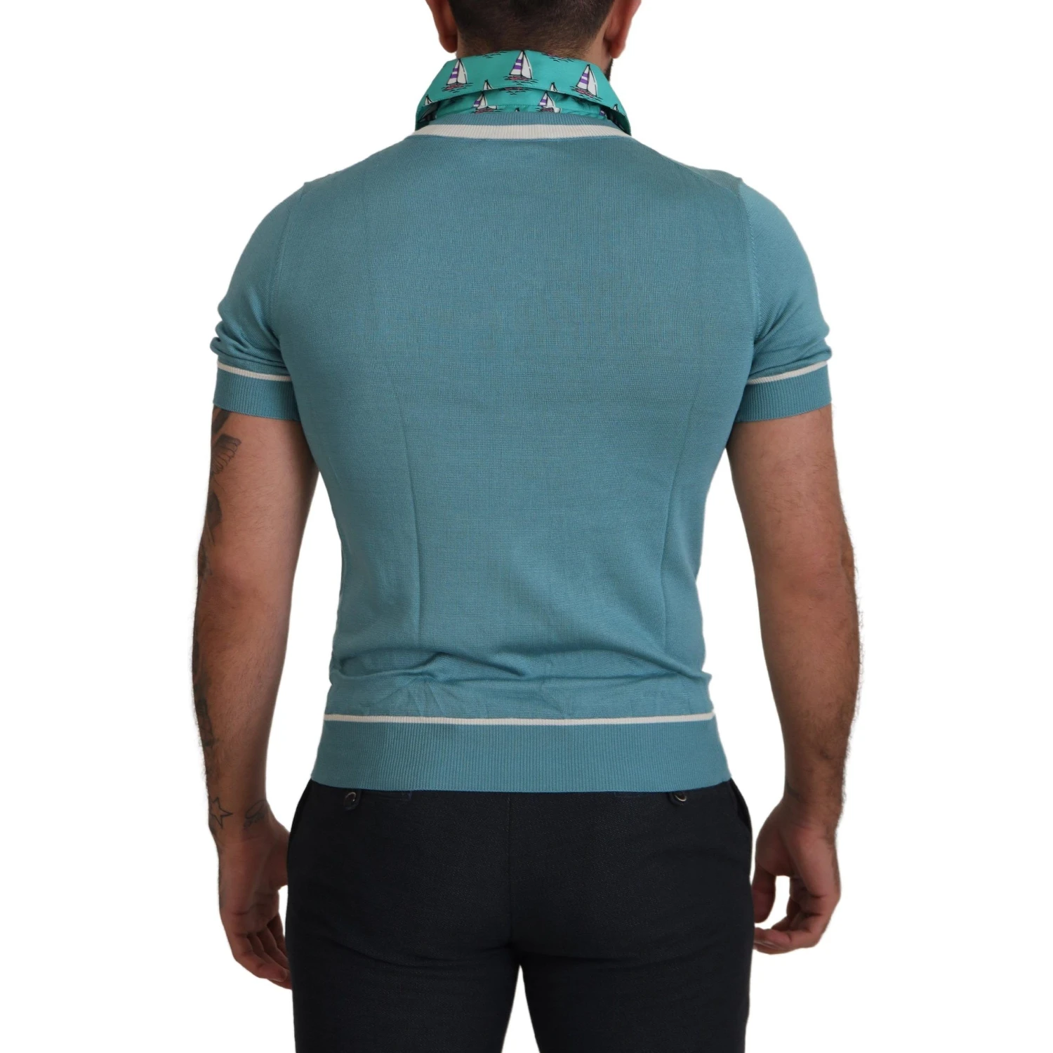 Blue Silk Polo Top Mens V-neck  T-shirt