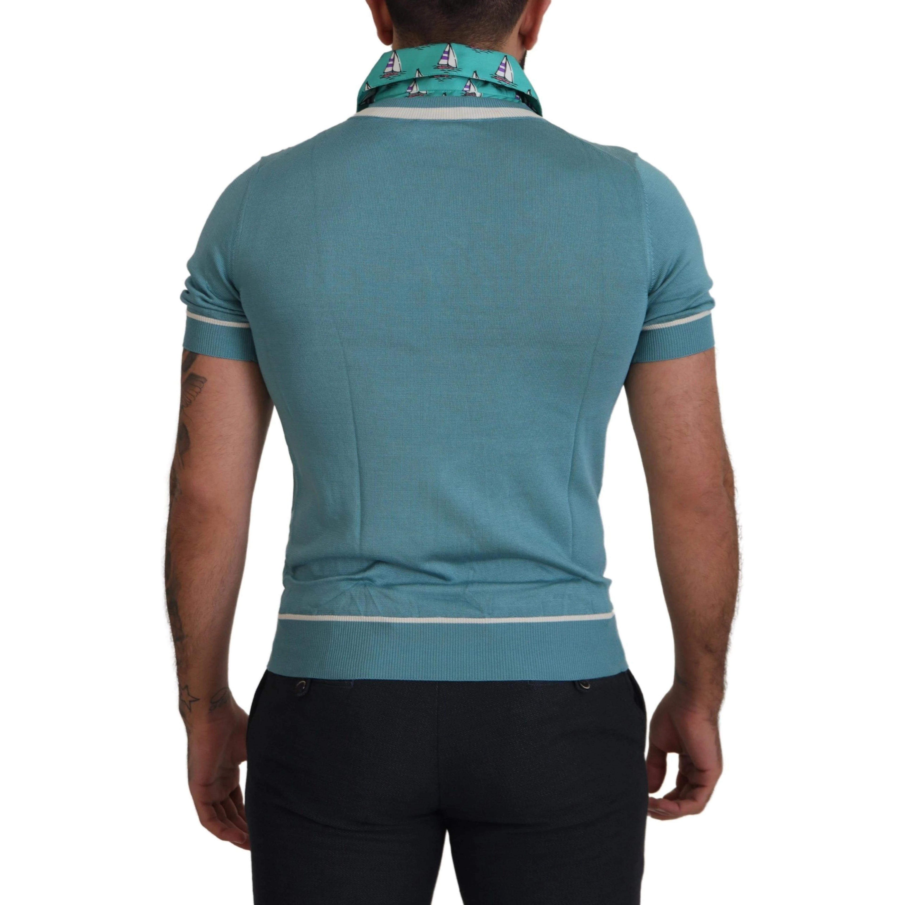 Blue Silk Polo Top Mens V-neck  T-shirt